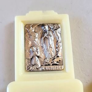 Vintage N.S. Lourdes Culluloid Plastic Containers with Metal Our Lady of Lourdes